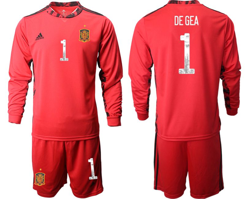 Men 2021 World Cup National Spain red goalkeeper long sleeve #1 Soccer Jerseys